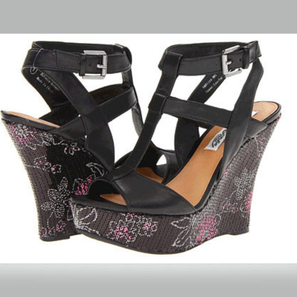 Naughty Monkey Gold Member Floral Wedge Sandals